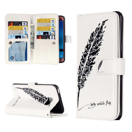 For Samsung Galaxy J7 (2016) / J710 Black Feather Pattern Horizontal Flip Leather Case with 9 Car...