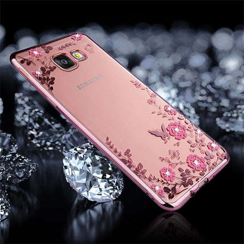 For Samsung Galaxy J7 Prime Flowers Pattern Diamond Encrusted Electroplating Soft TPU Protective ...