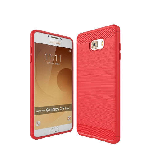 Samsung Galaxy C9 Pro Case, Brushed Carbon Fiber Texture Shockproof TPU Protective Cover Case (Red)