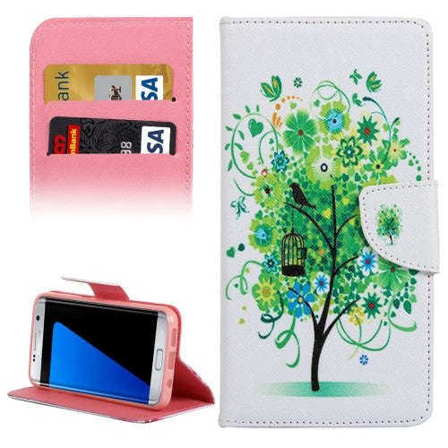 For Samsung Galaxy S7 Edge / G935 Green Tree in Bloom Pattern Horizontal Flip Leather Case with H...