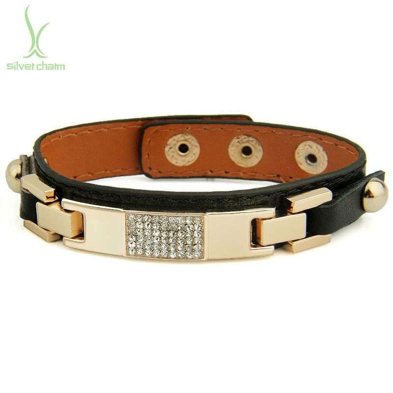 Genuine Leather 14k Gold Plated Alloy ID Bracelet With Crystal for Women and Men - Black
