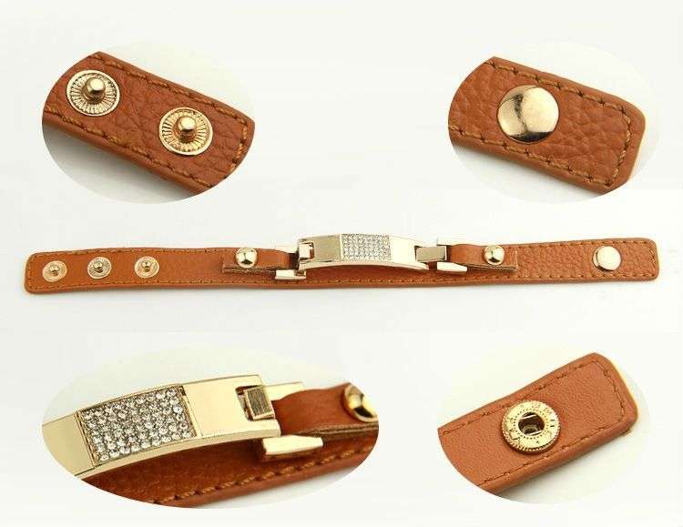 Genuine Leather 14k Gold Plated Alloy ID Bracelet With Crystal for Women and Men - Black