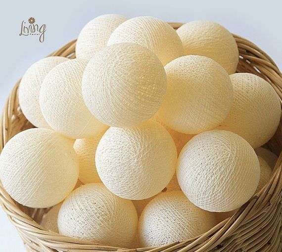 Cream LED Battery Cotton Ball String Light - beige / cotton