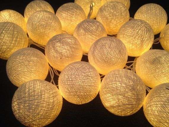 Cream LED Battery Cotton Ball String Light - beige / cotton