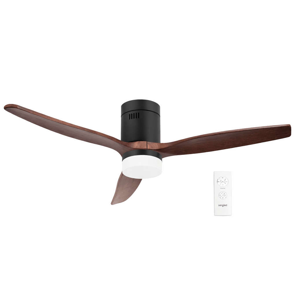 LED Ceiling Fan - 3 Blade Matt Black Body / Walnut Wood Blades