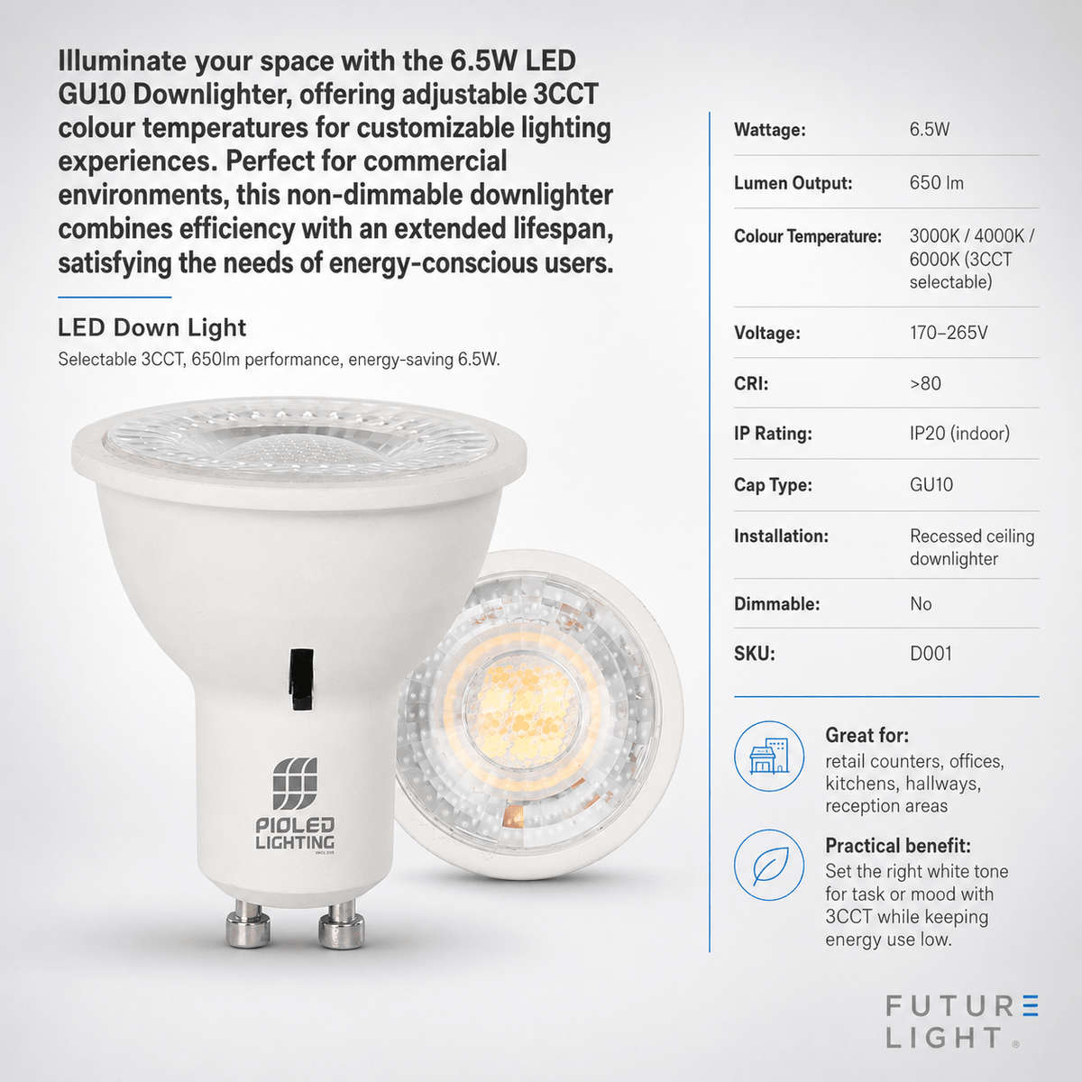 6.5W GU10 LED Downlight - 3CCT - Non-Dimmable