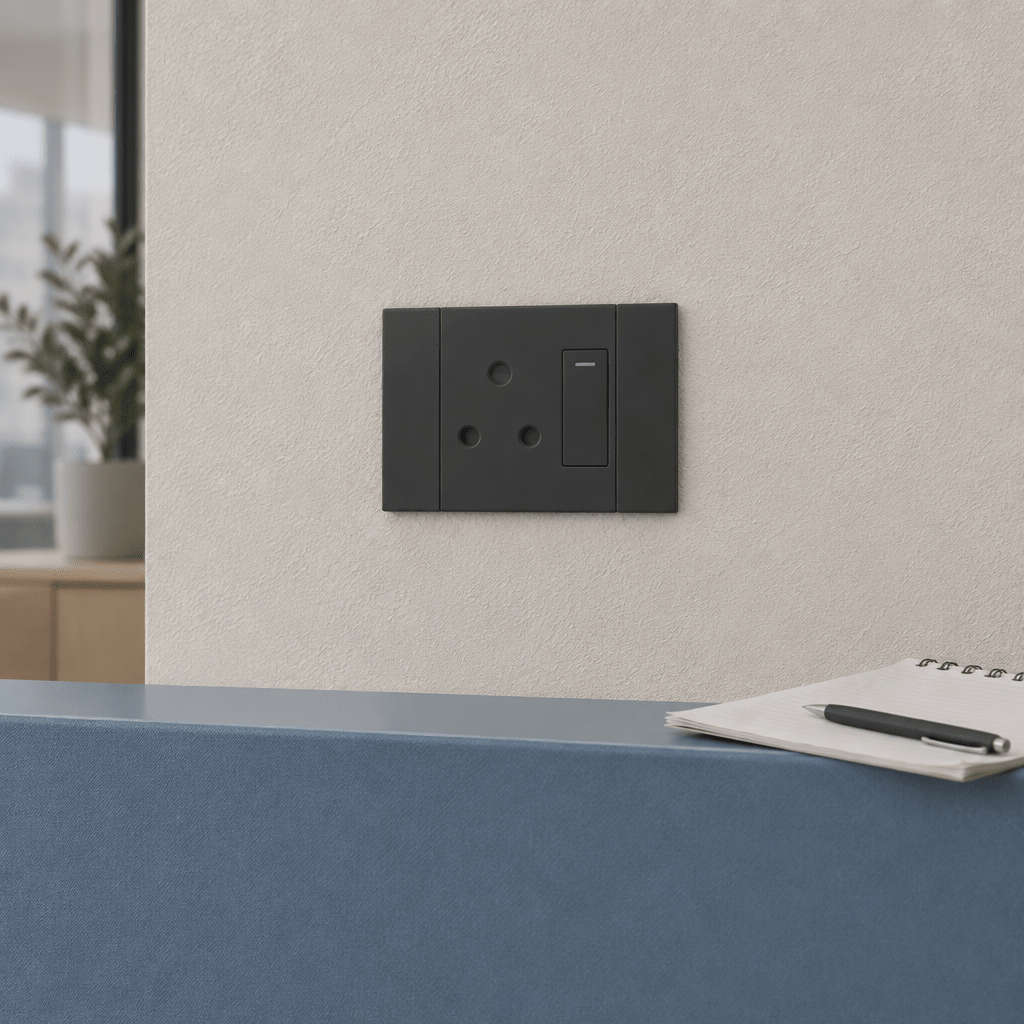 Veti 2 - Charcoal Horizaontal Single 16A Socket - Switched