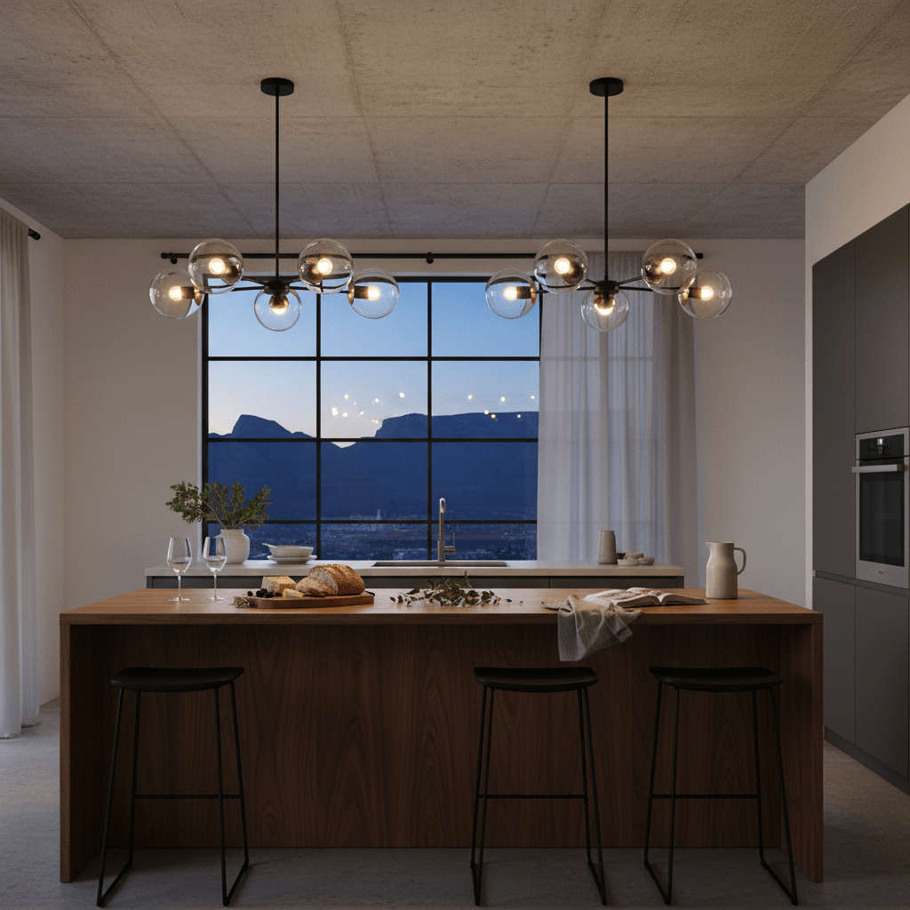 5 Light Black & Antique Brass Pendant