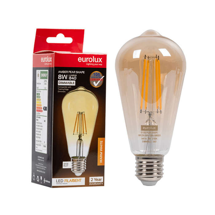 8W Dimmable Amber Pear Filament LED Bulb  E27, 2700K Warm White