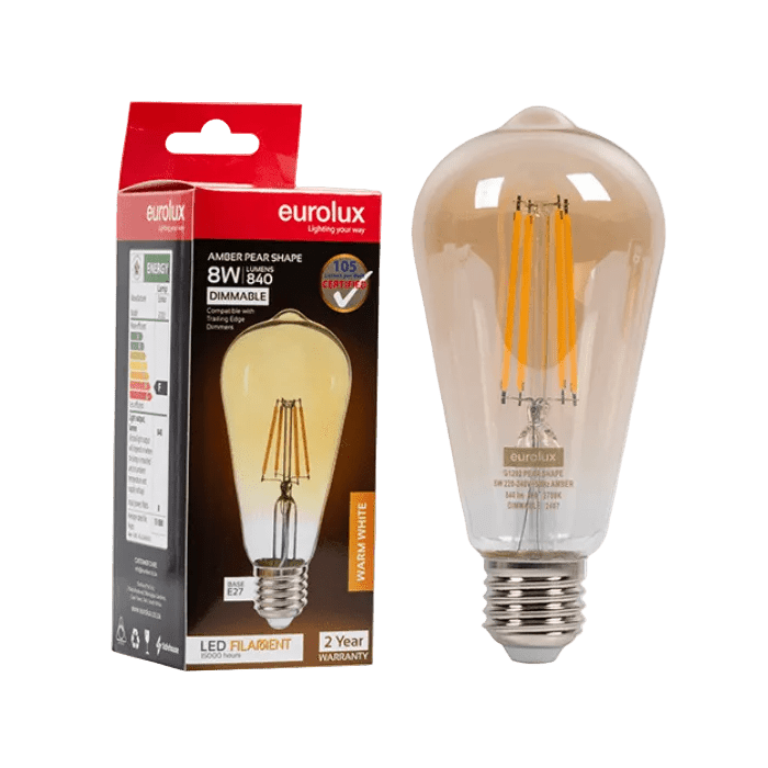 8W Dimmable Amber Pear Filament LED Bulb  E27, 2700K Warm White