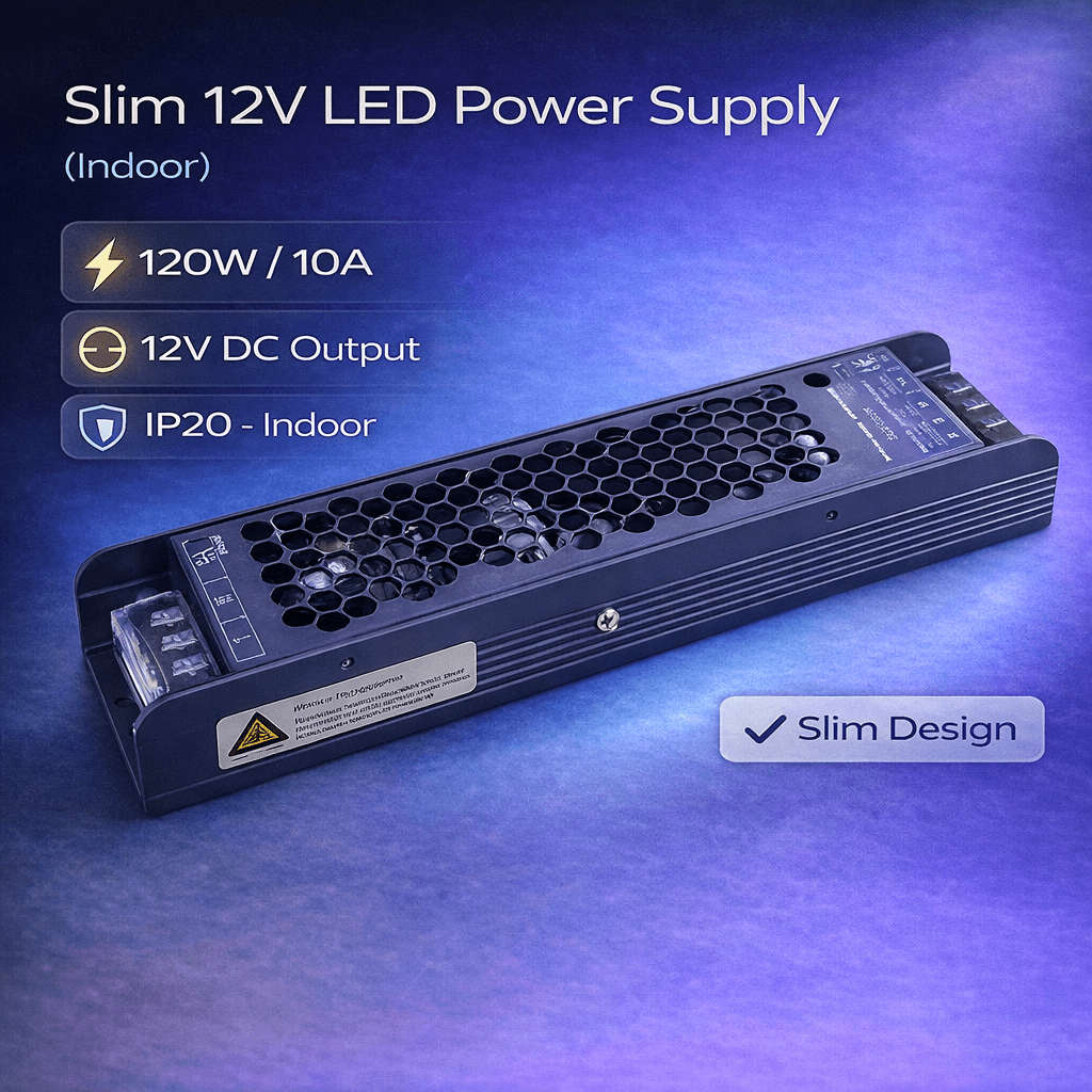 LED Power Supply - 12Vdc 120W - Surge Protected Slim Design