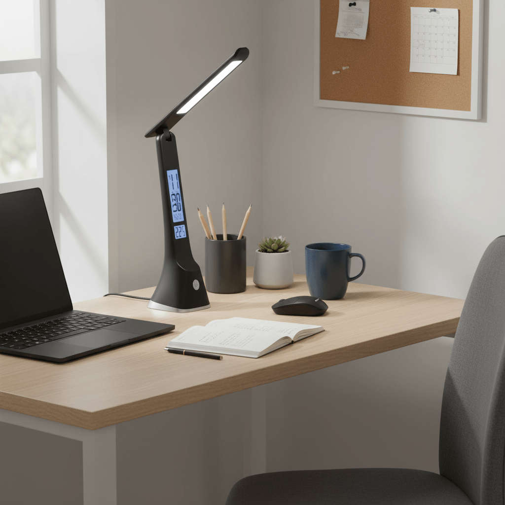 Black Rechargeable Desk Lamp - Alarm, Date & Time Display