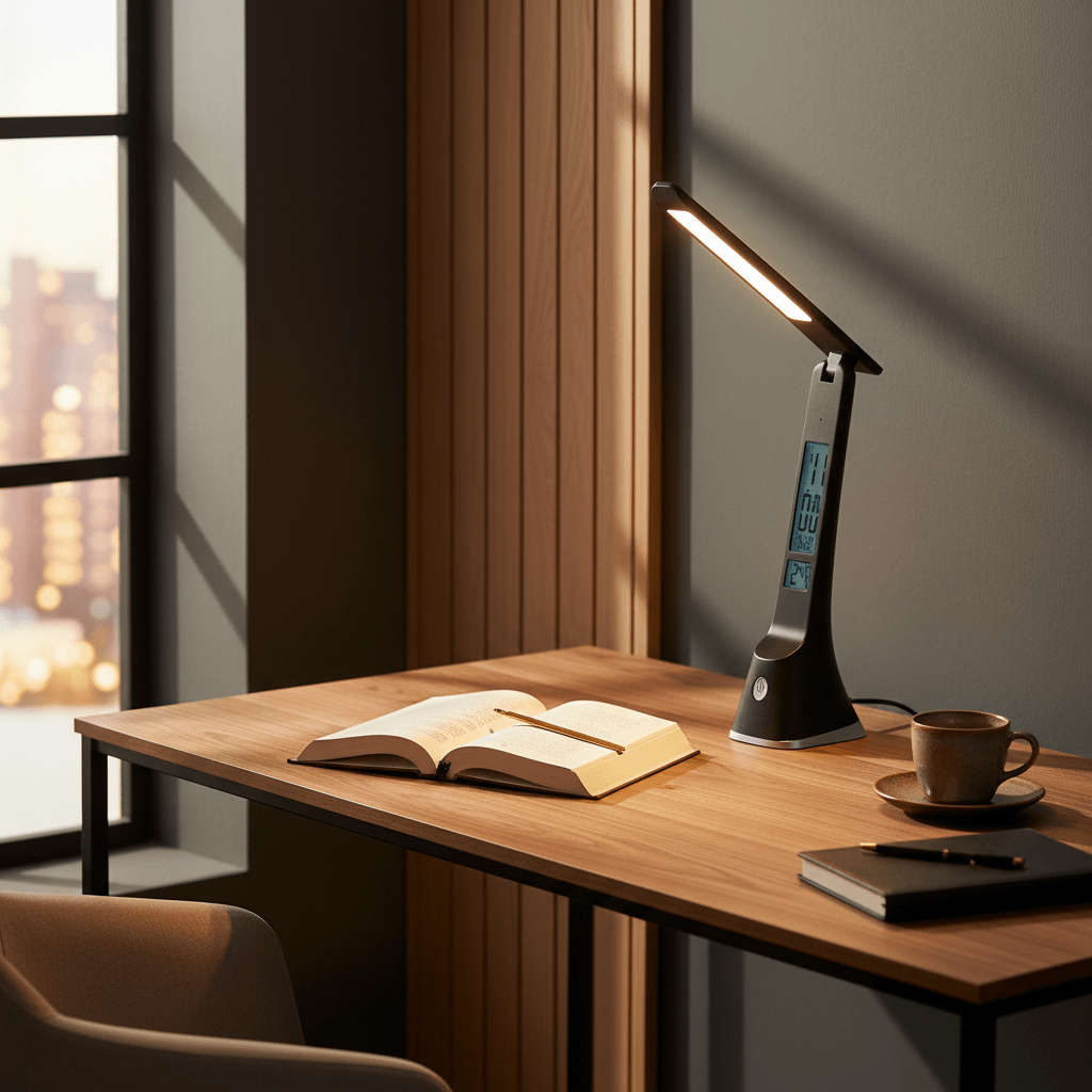 Black Rechargeable Desk Lamp - Alarm, Date & Time Display