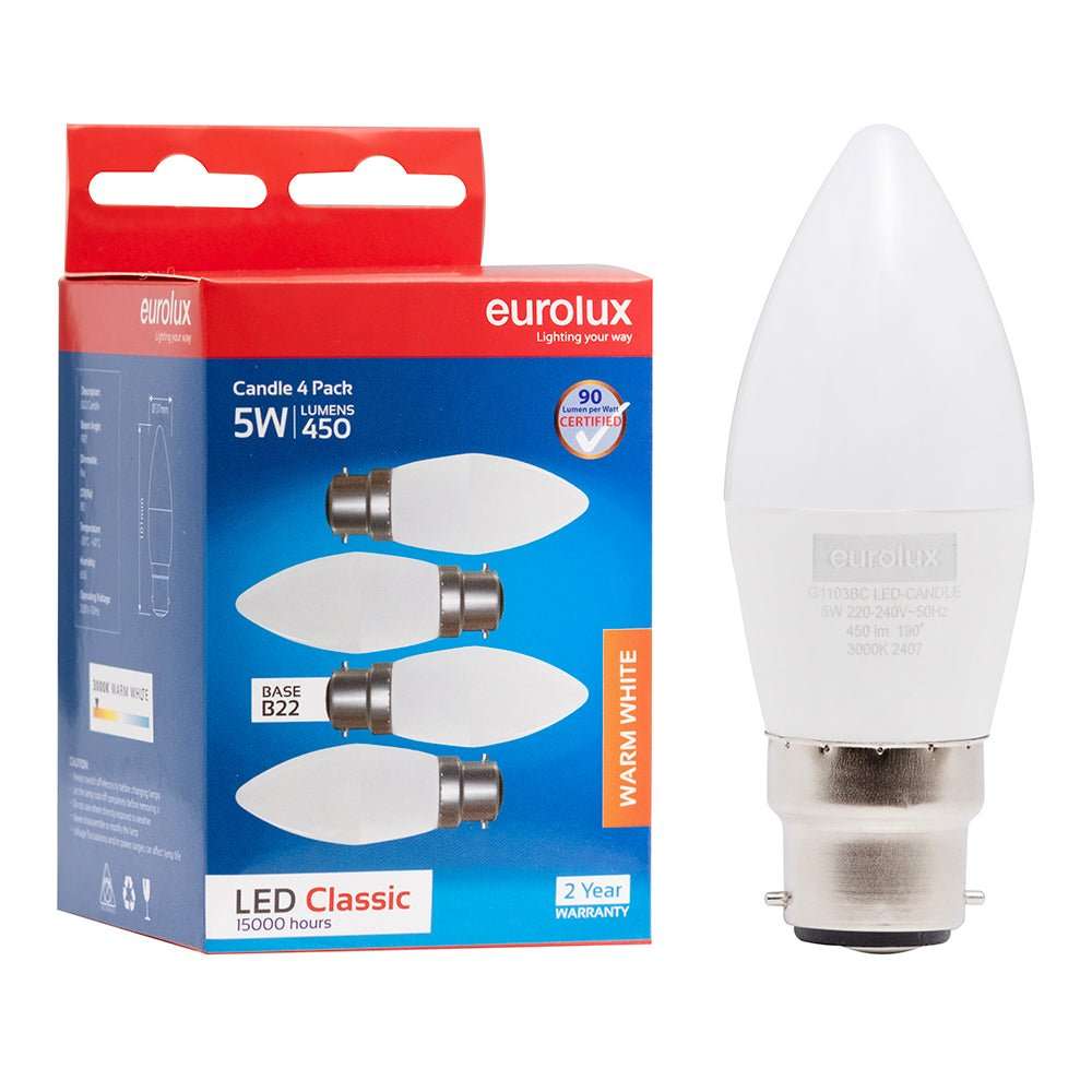 5W White Candle LED Bulb  B22, 3000K Warm White