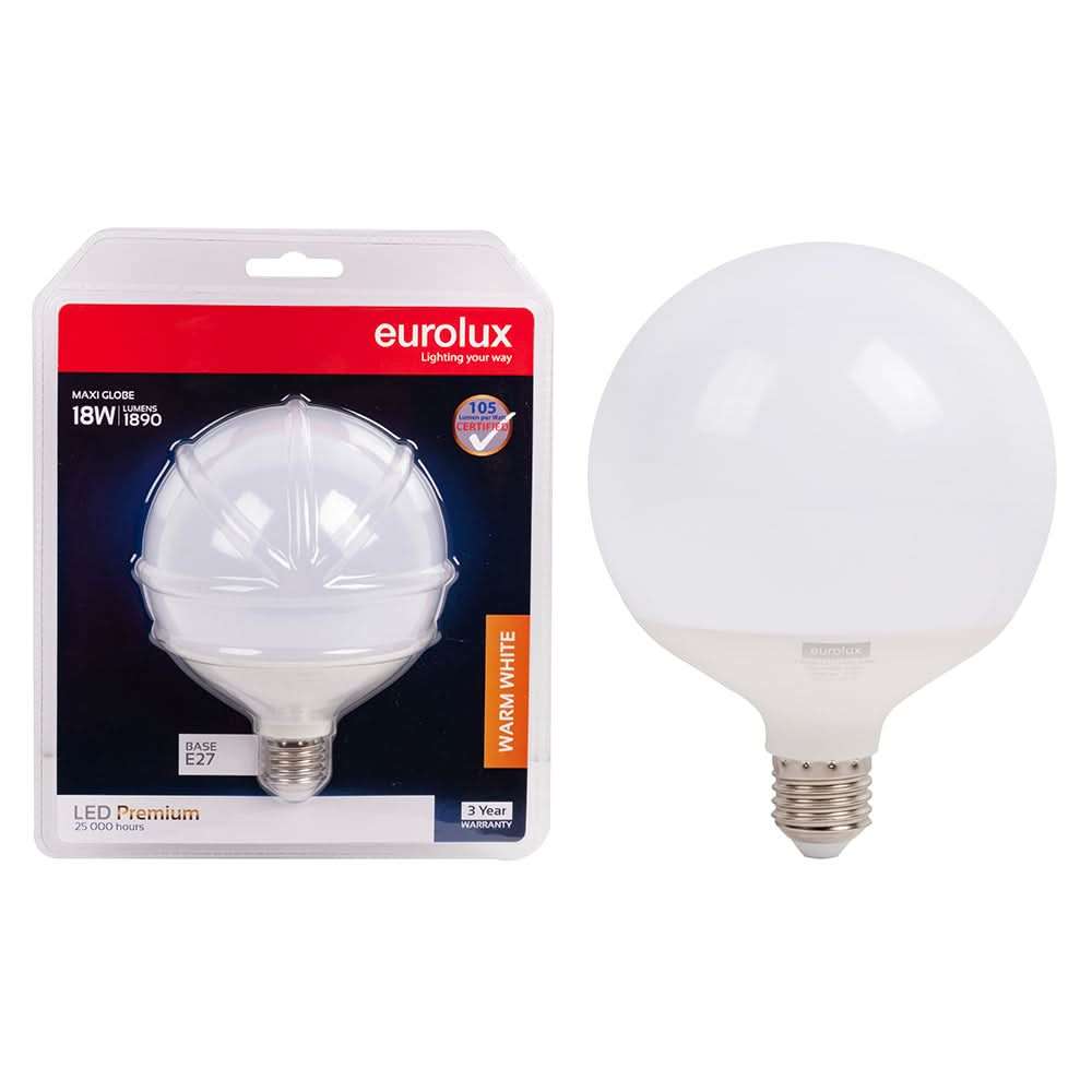 18W White Globe LED Bulb  E27, 3000K Warm White