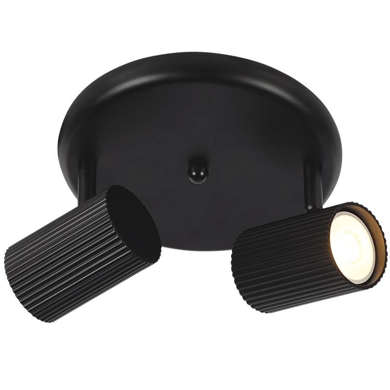 2 Light Ribbed Matt Black Ceiling Spotlight