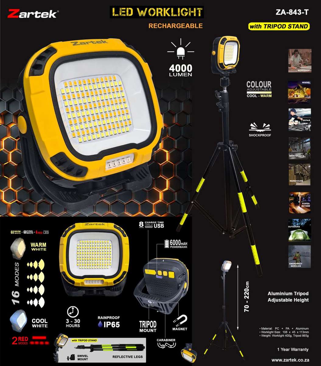 Rechargeable Portable Worklight 4000lm - Tripod