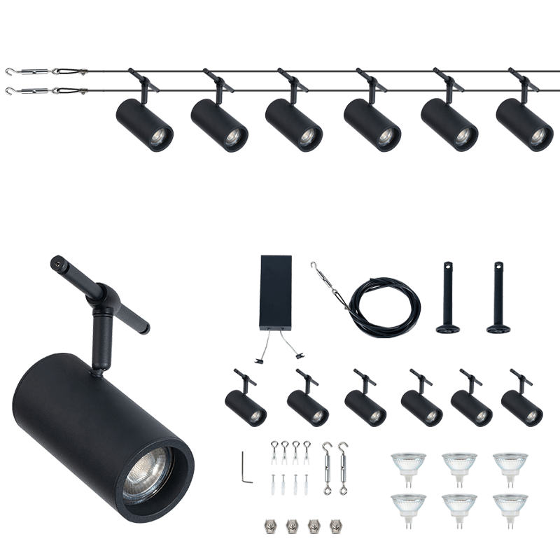LED 12V Wire Track Lighting System - 10 Meter Span Matt Black