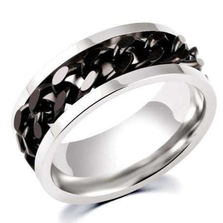 STUNNING! Mens Titanium Band Black Chain Detail. Ring Size 10