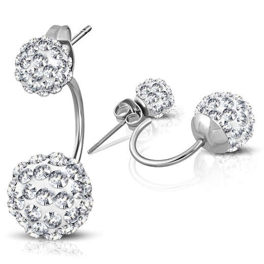 White Crystal Glitter Ball Double Stud Stainless Steel Earrings
