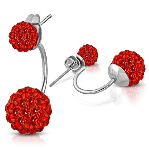 ASHA CRAFT - Stainless Steel Red Shamballa Double Ball Stud Earrings