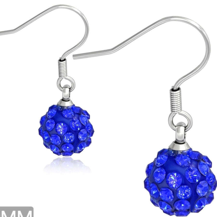 ASHA CRAFT - Stainless Steel Blue Glitter Ball Dangle Earrings