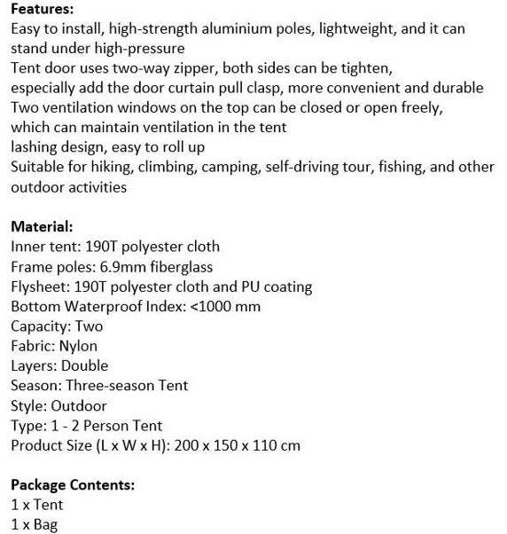 2 Man Tent in Zipper Bag - Lightweight & Easy to Install (200 X 150 X 110 Cm)