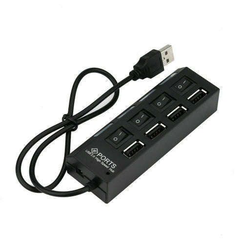 4 Port USB 2.0 Black Hub with High Speed Adapter ON/OFF Switch