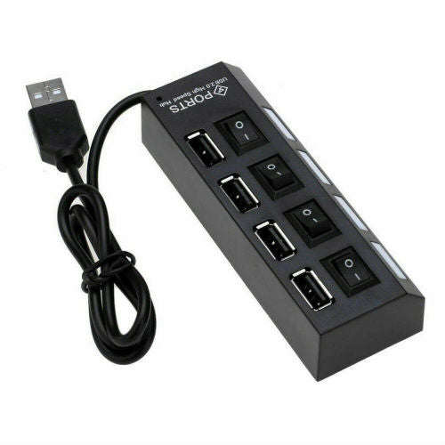 4 Port USB 2.0 Black Hub with High Speed Adapter ON/OFF Switch