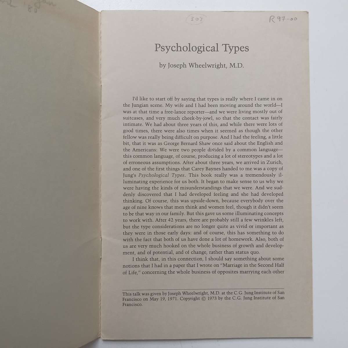 Psychological Types | Joseph Wheelwright