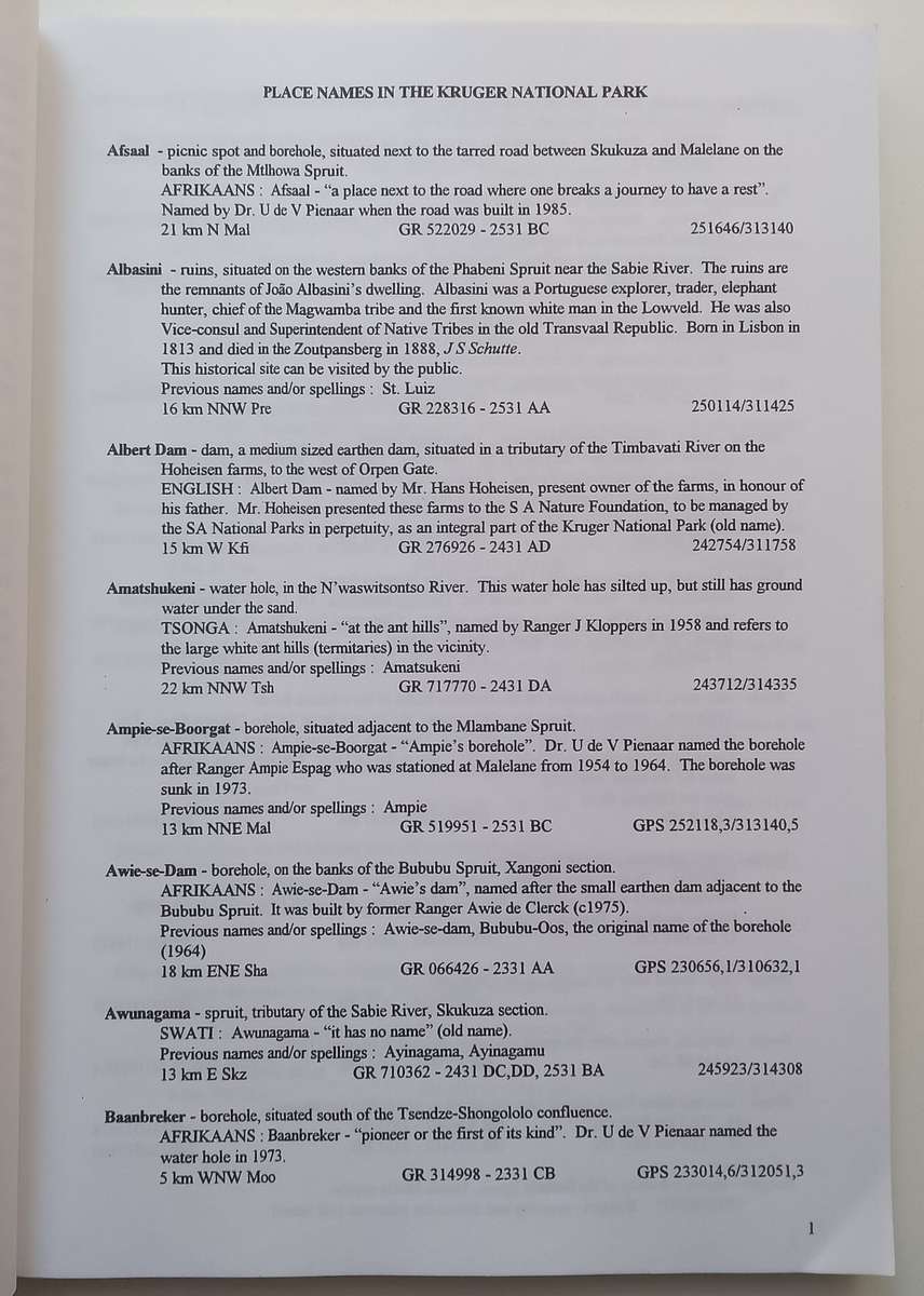 Place Names in the Kruger National Park | J. J. Kloppers