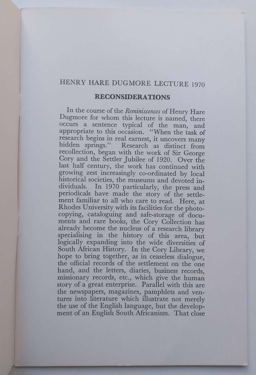 Reconsiderations (Dugmore Memorial Lecture 1970) | Winifred A. Maxwell