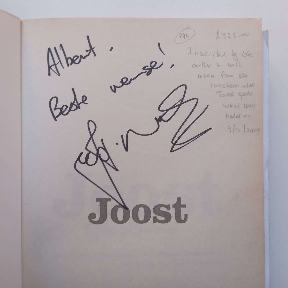 Joost: Spieelbeeld (Inscribed by Joost van der Westhuizen, with Menu, Afrikaans) | David Gemmell