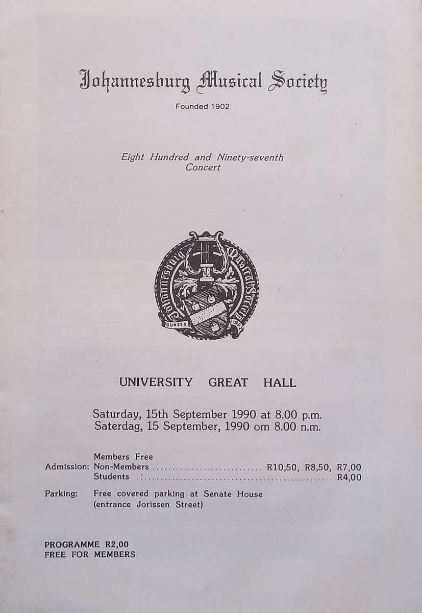 Johannesburg Musical Society (897th Concert, Programme)