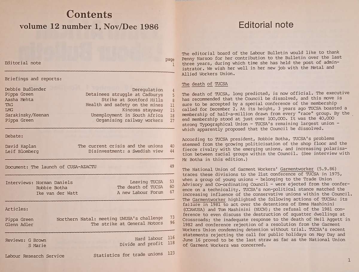 South African Labour Bulletin Volume 12 Number 1 Nov/Dec 1986