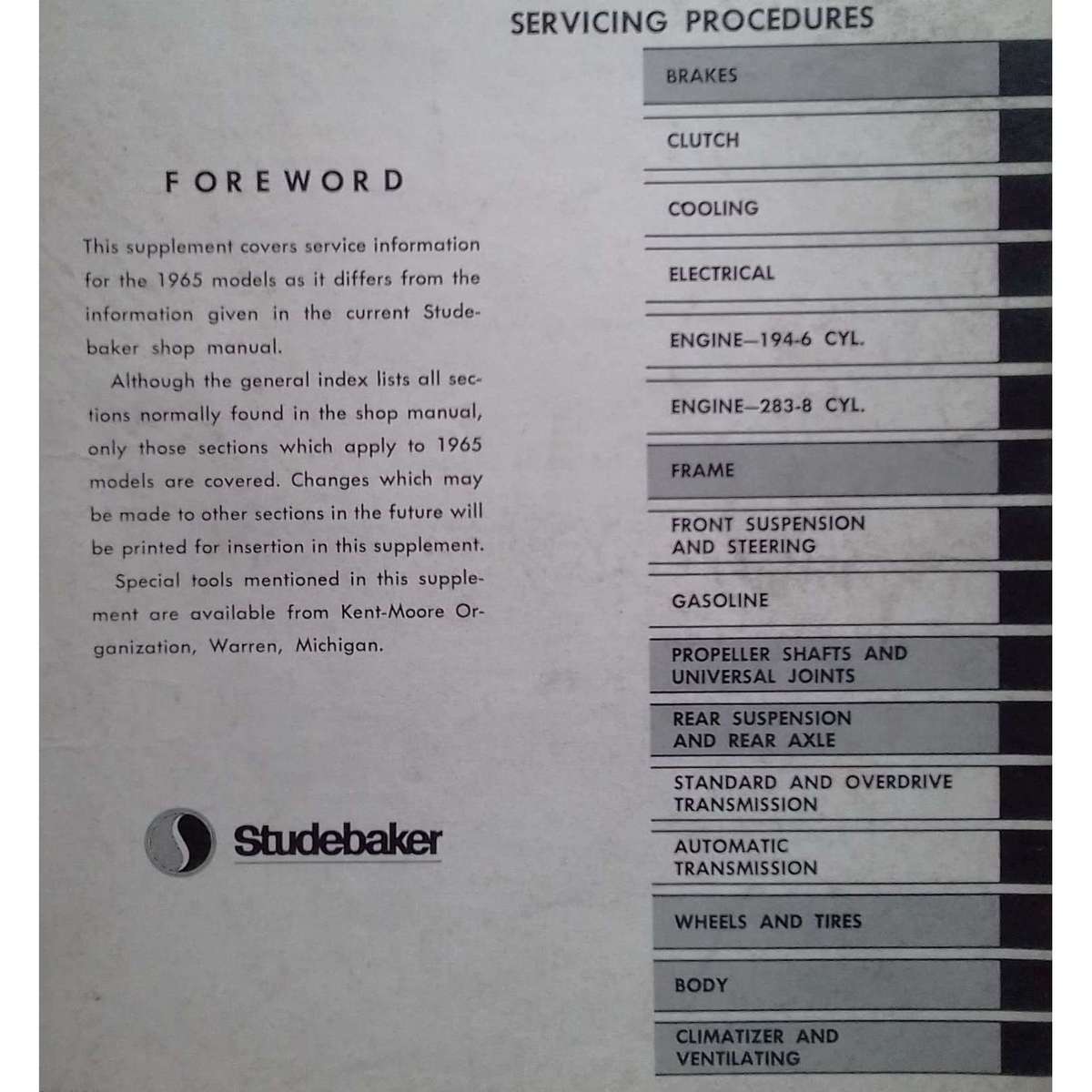 1965 Studebaker Shop Manual Supplement