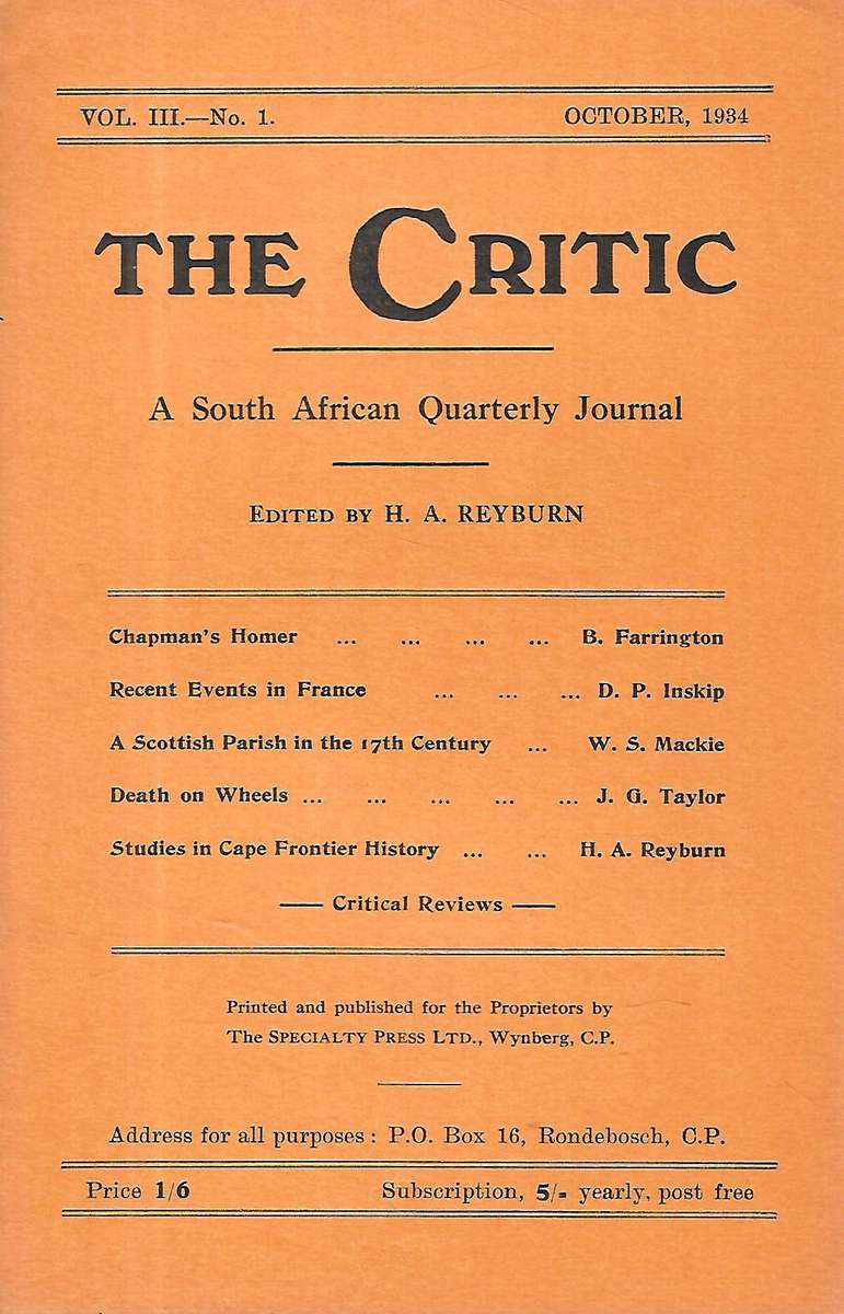 The Critic: A South African Quarterly Journal (Vol. 3, No. 1, October 1934)