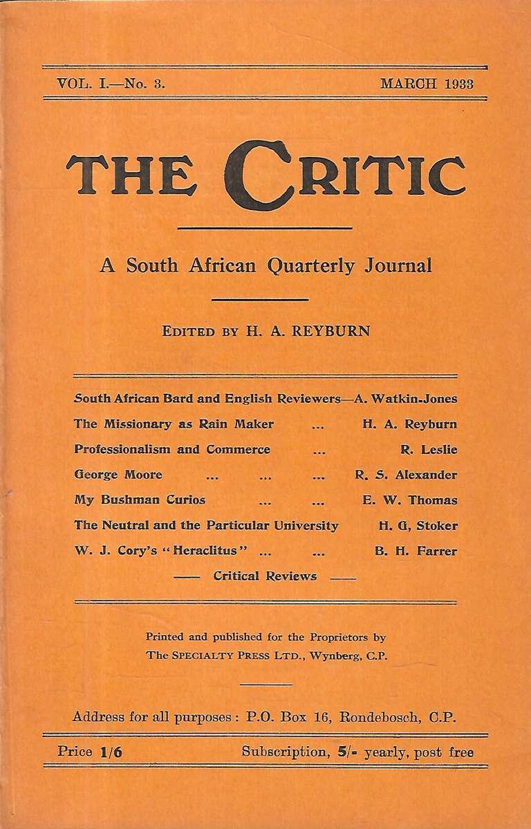 The Critic: A South African Quarterly Journal (Vol. 1, No. 3, March 1933)