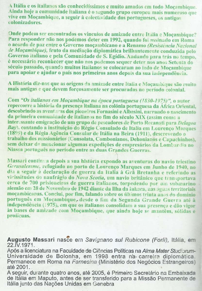 Os Italianos em Mocambique na Epoca Portuguesa, 1830-1975 (Portuguese) | Augusto Massari