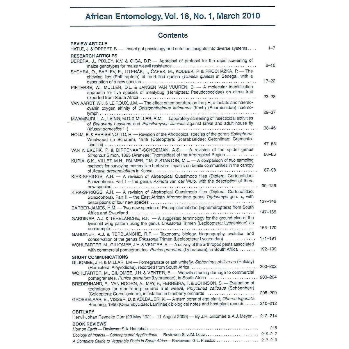 African Entomology (Vol. 18, No. 1, March 2010)