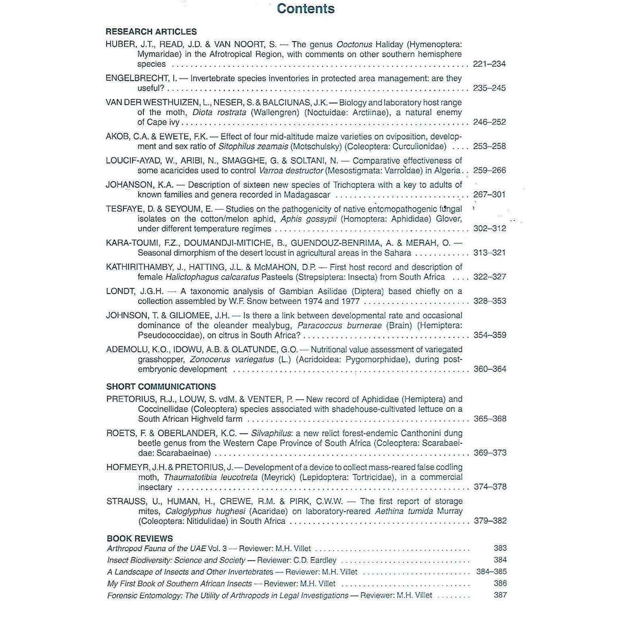 African Entomology (Vol. 18, No. 2, September 2010, Includes Supplement)