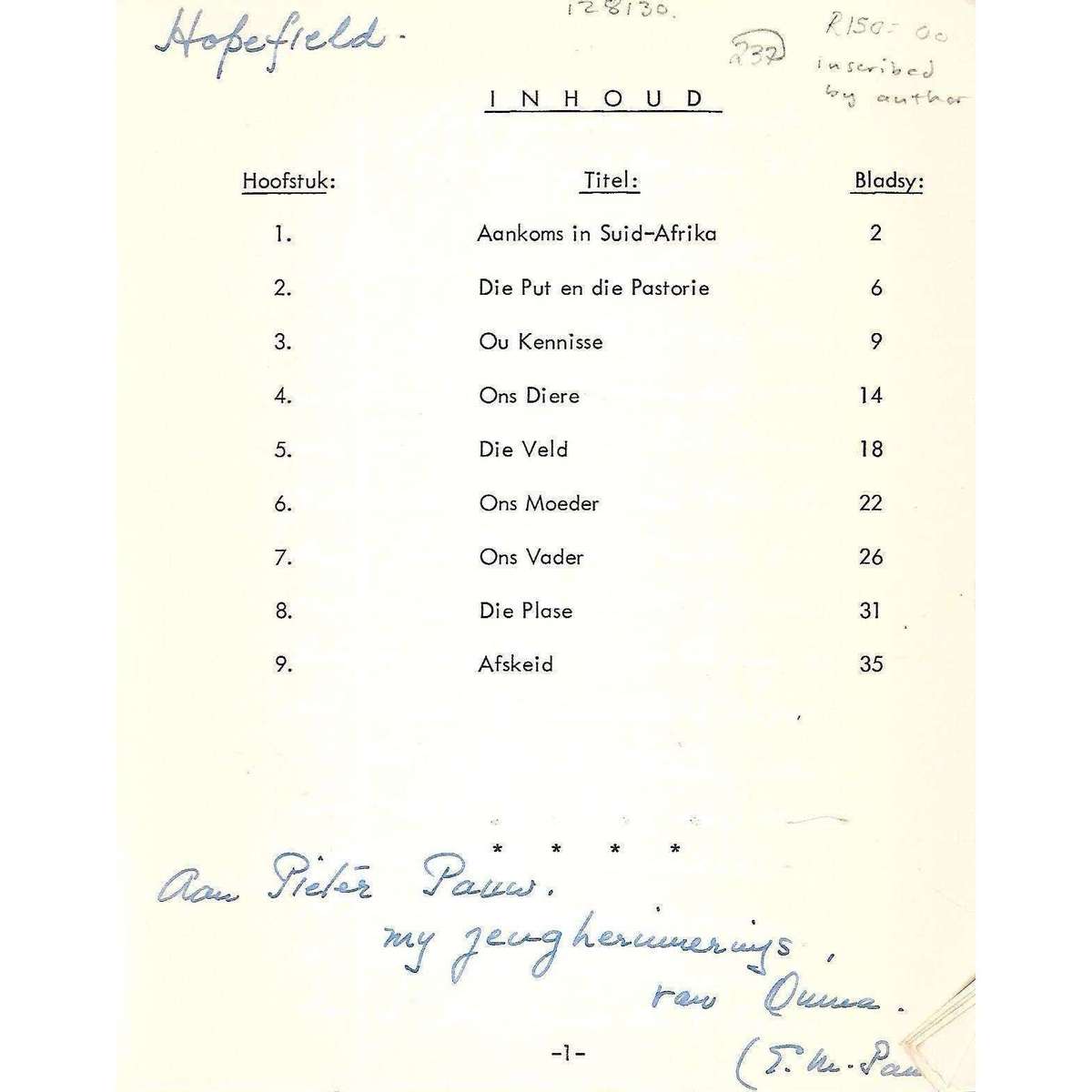 Die Onvergeetlike Uit Ons Kinderjare (Inscribed by Author) | Esther Pauw