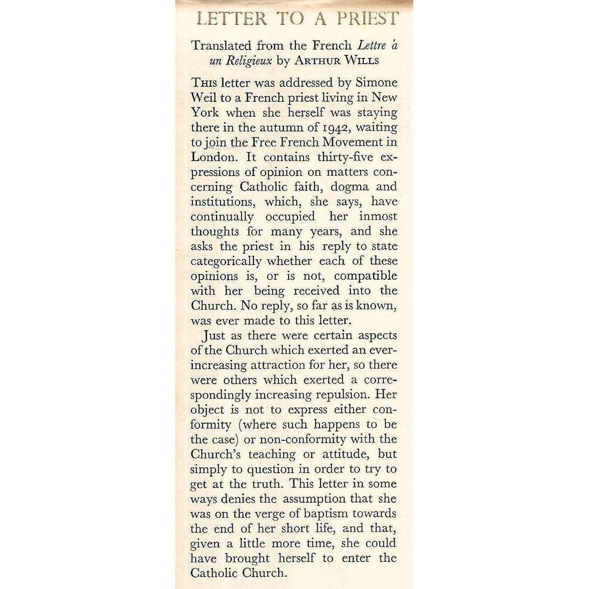 Letter to a Priest (First Edition, 1953) | Simone Weil