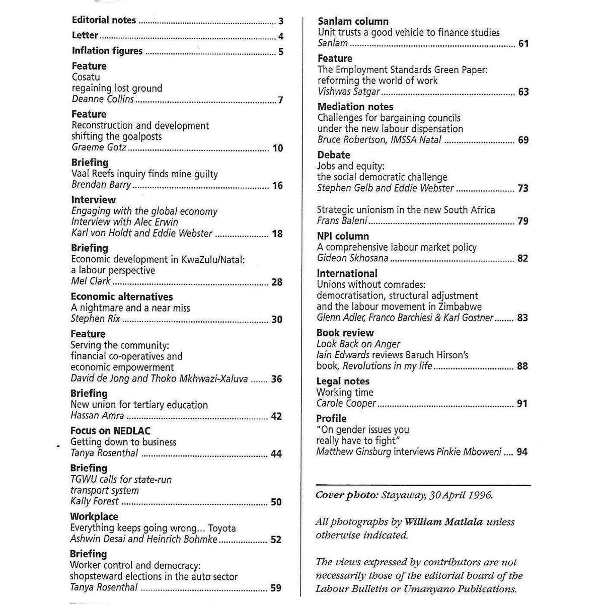 South African Labour Bulletin (Vol. 20, No. 3, June 1996)