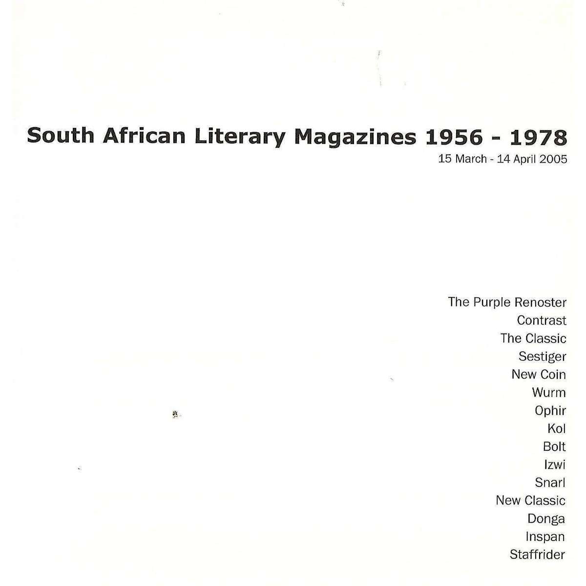 South African Literary Magazines 1956-1978