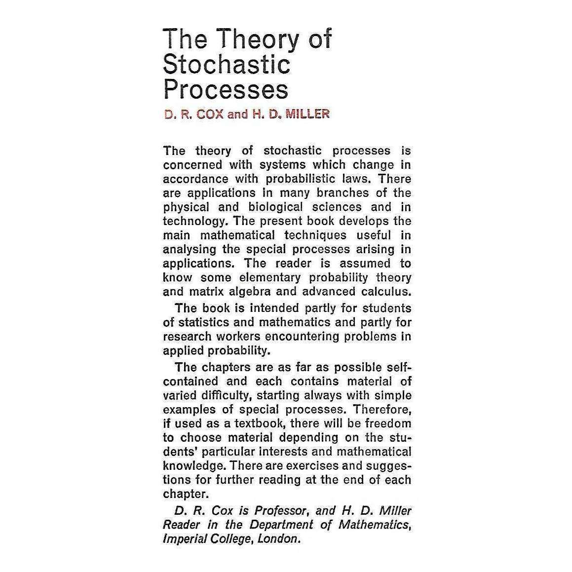 The Theory of Stochastic Processes | D. R. Cox and H. D. Muller
