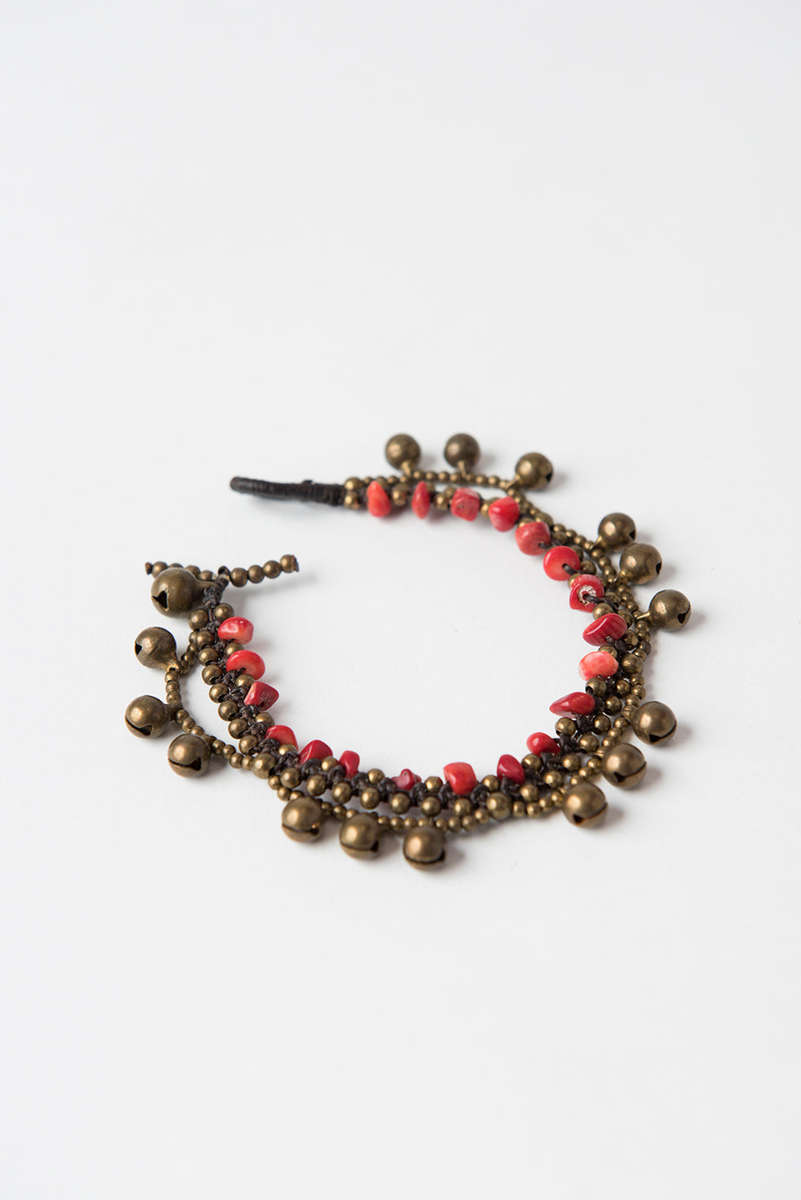 Dark Gold Bell Loop and Stone Bracelet, Red
