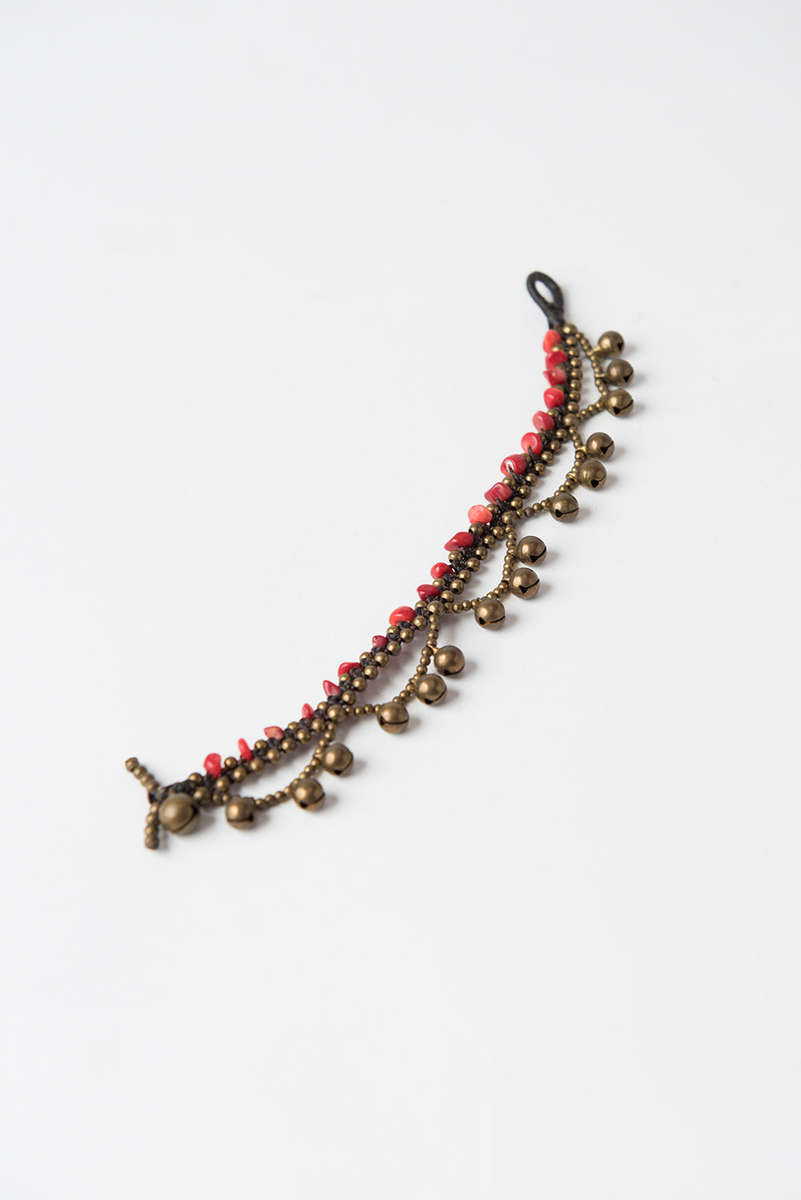Dark Gold Bell Loop and Stone Bracelet, Red