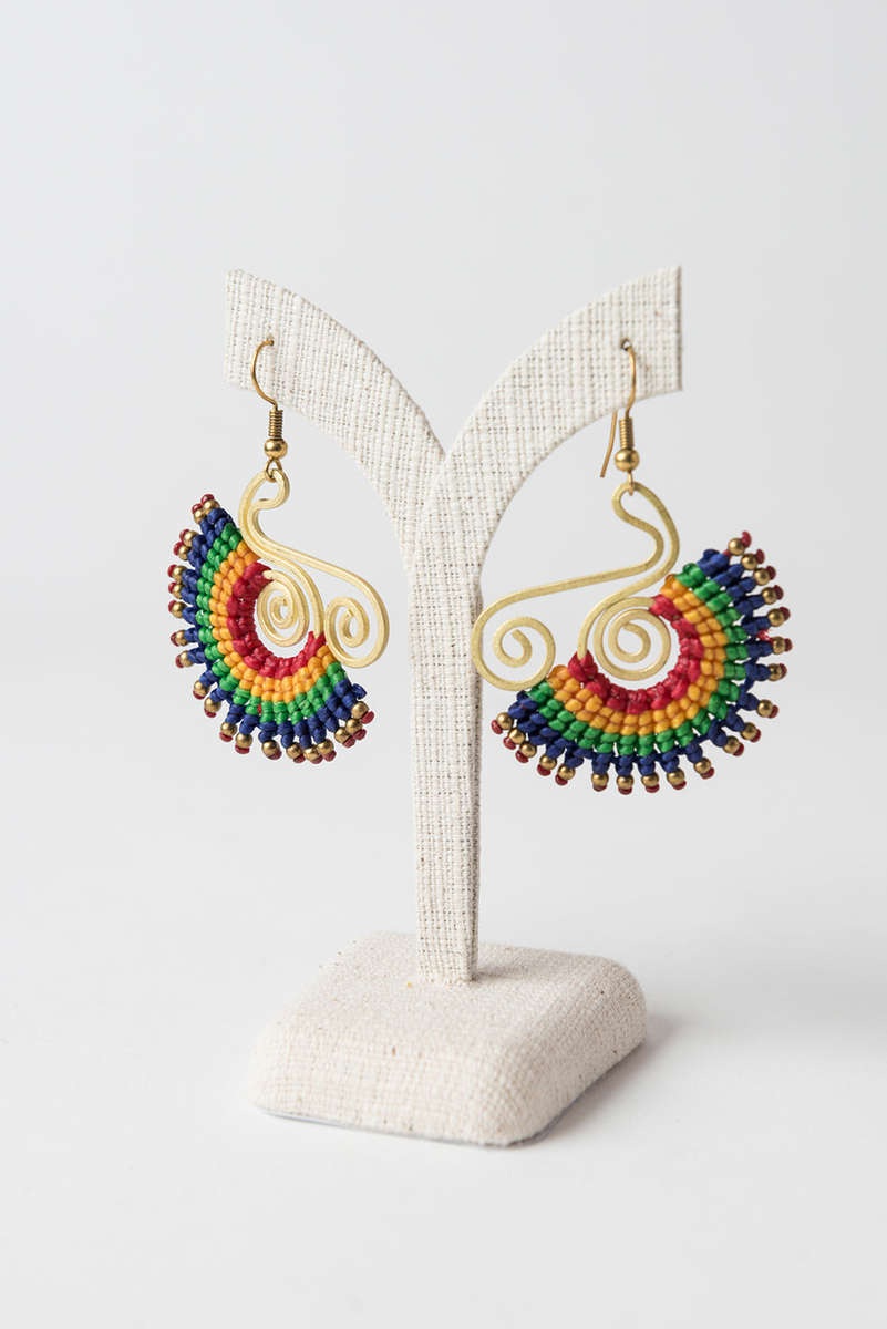 Weave Earrings, Medium, Blue, Green, Yellow and Red