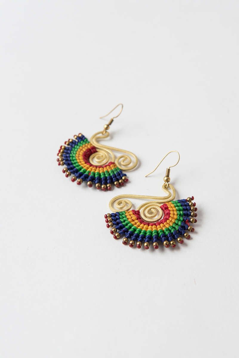 Weave Earrings, Medium, Blue, Green, Yellow and Red